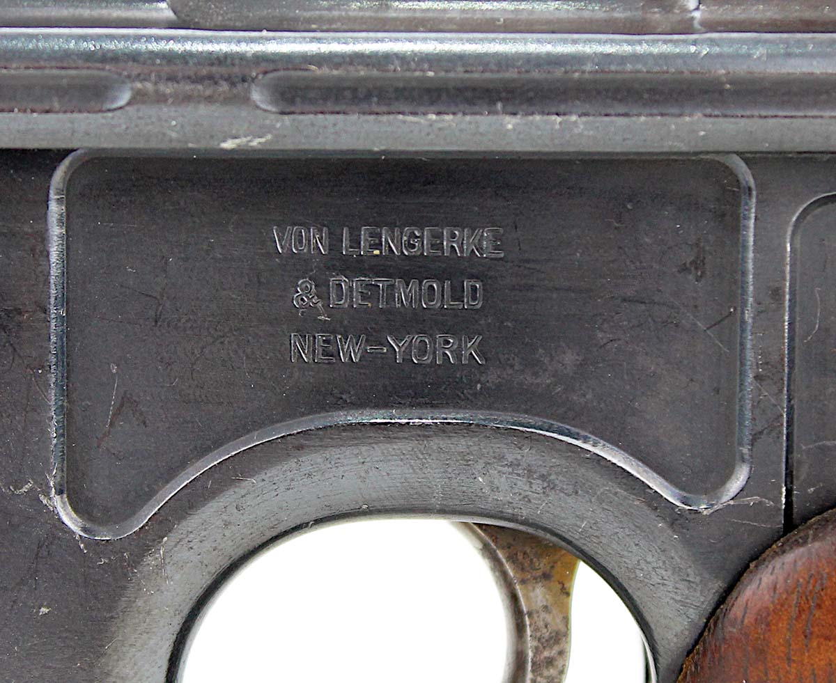 The Mauser factory stamped pistols with the importer’s name before shipping them to the U.S.